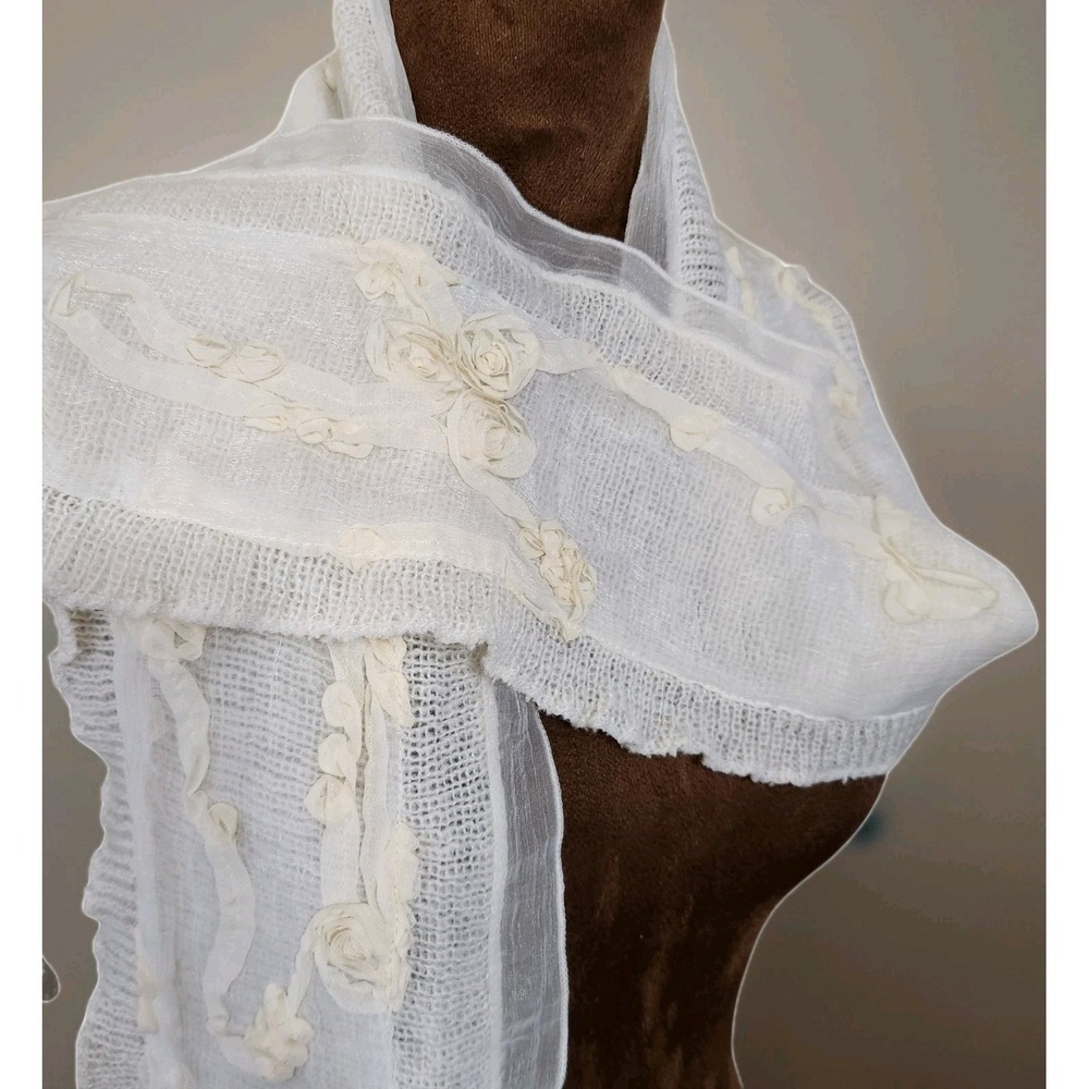 Coldwater Creek Long Scarf Knit Chiffron Bohemian Romantic Whimsy‎ Ivory Neutral